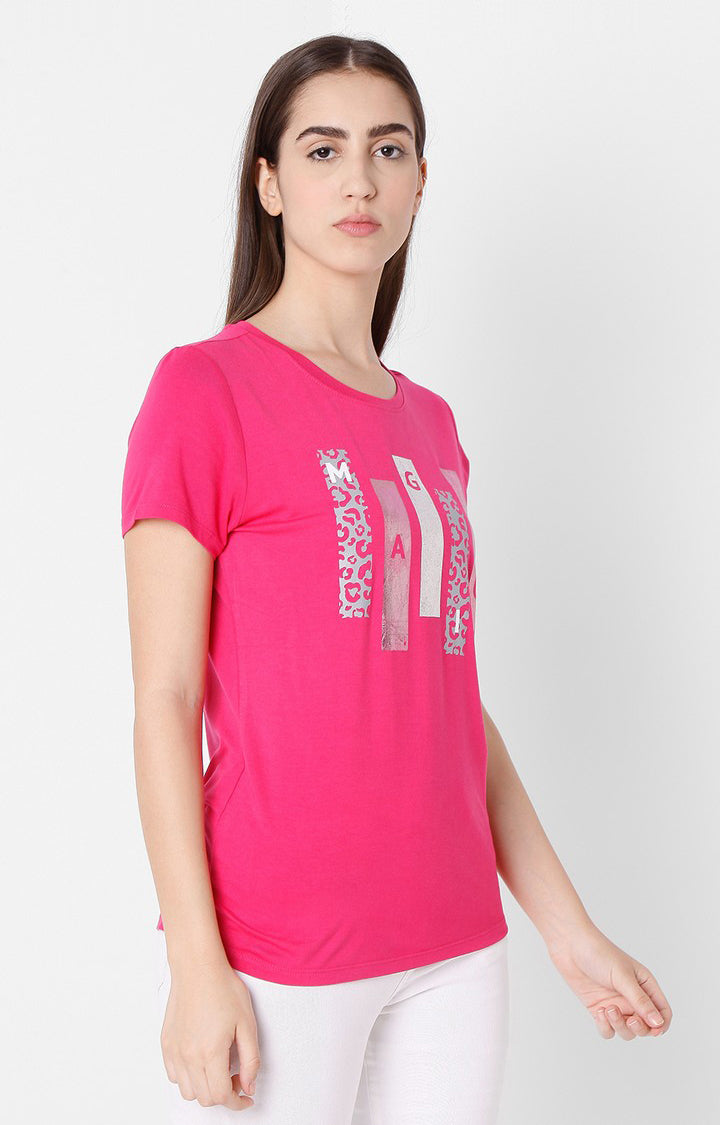 Spykar Women Pink Cotton Slim Fit Round Neck T-Shirts