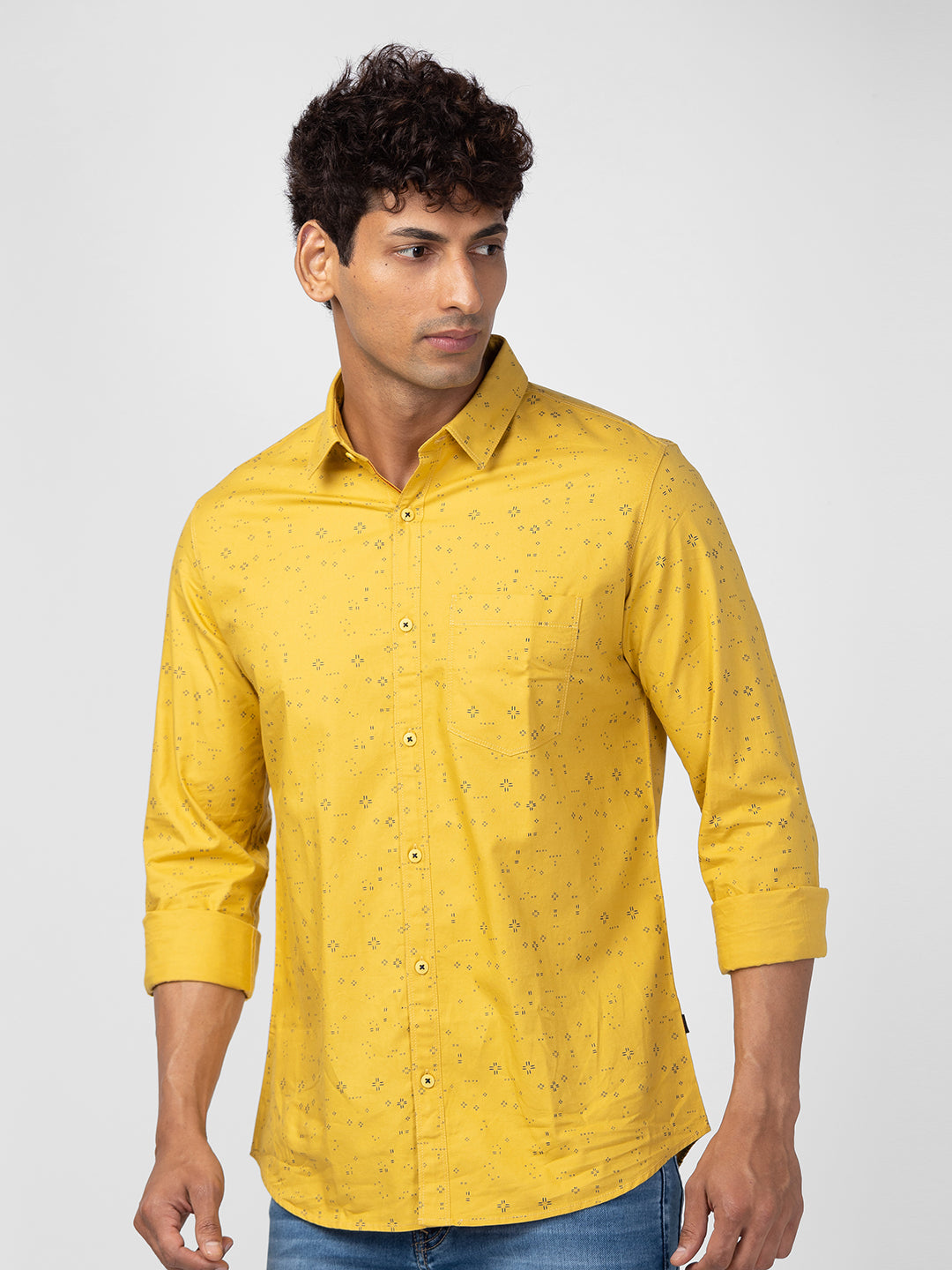 Spykar Men Sulphur Yellow Cotton Slim Fit Printed Shirt