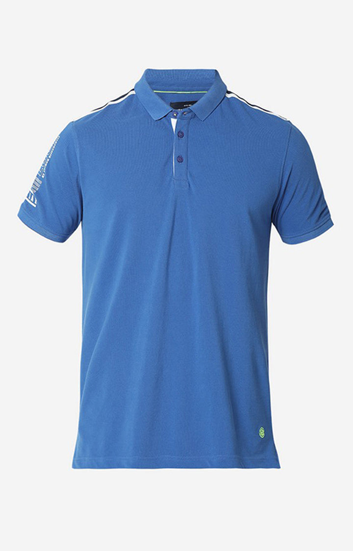 Spykar Men Blue Cotton Plain Polo T-Shirt