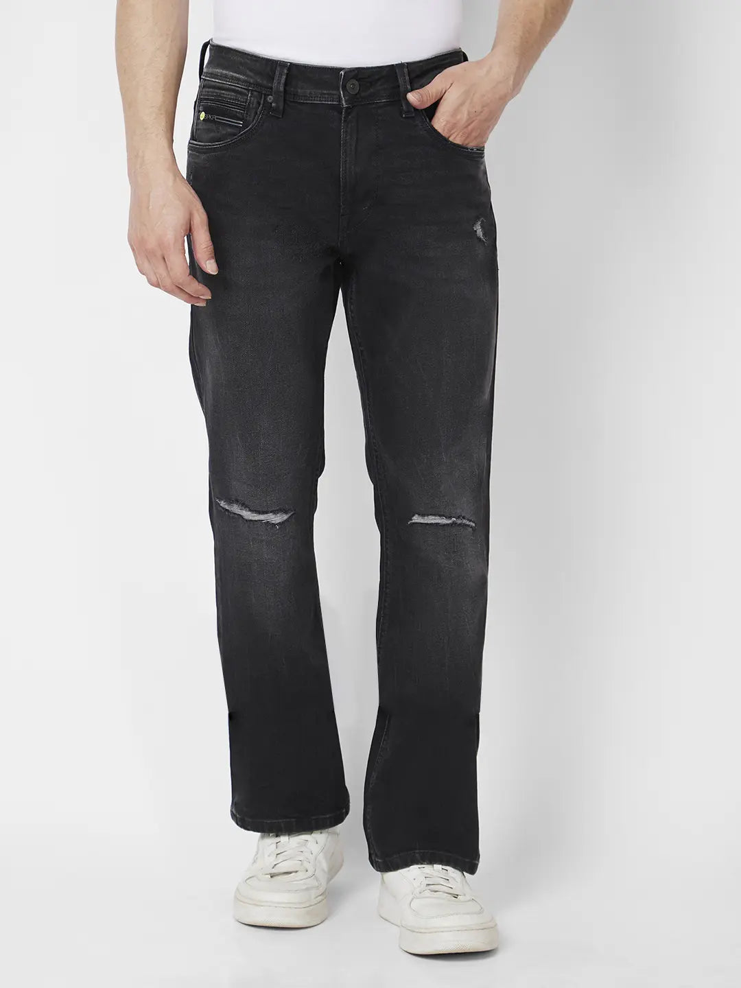 Spykar Men Carbon Black Cotton Comfort Fit Regular Length Knee Slit Mid Rise Jeans (Rafter)