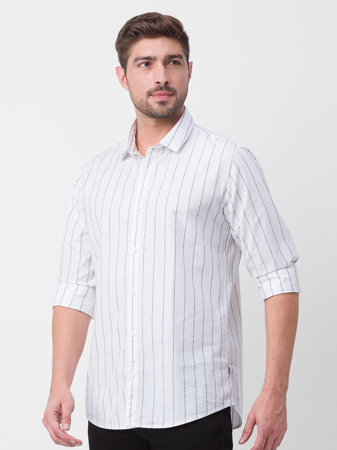 Spykar White Cotton Full Sleeve Stripes Shirt For Men