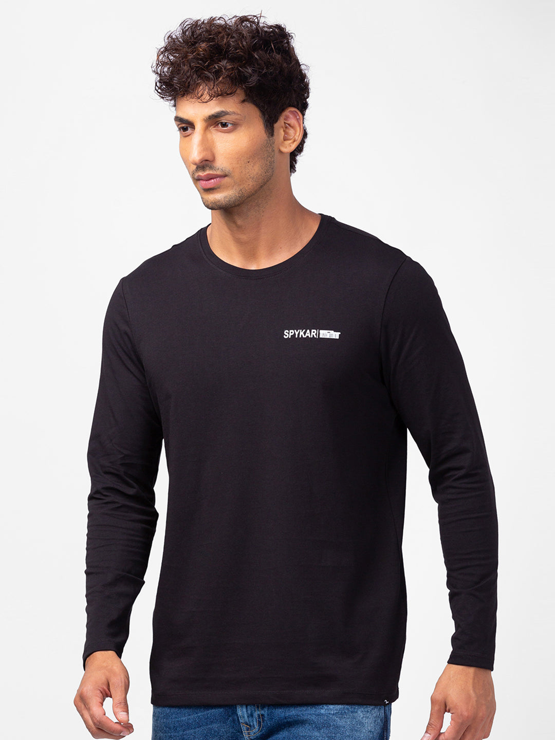 Spykar Men Black Cotton Slim Fit Round Neck Plain T-Shirt