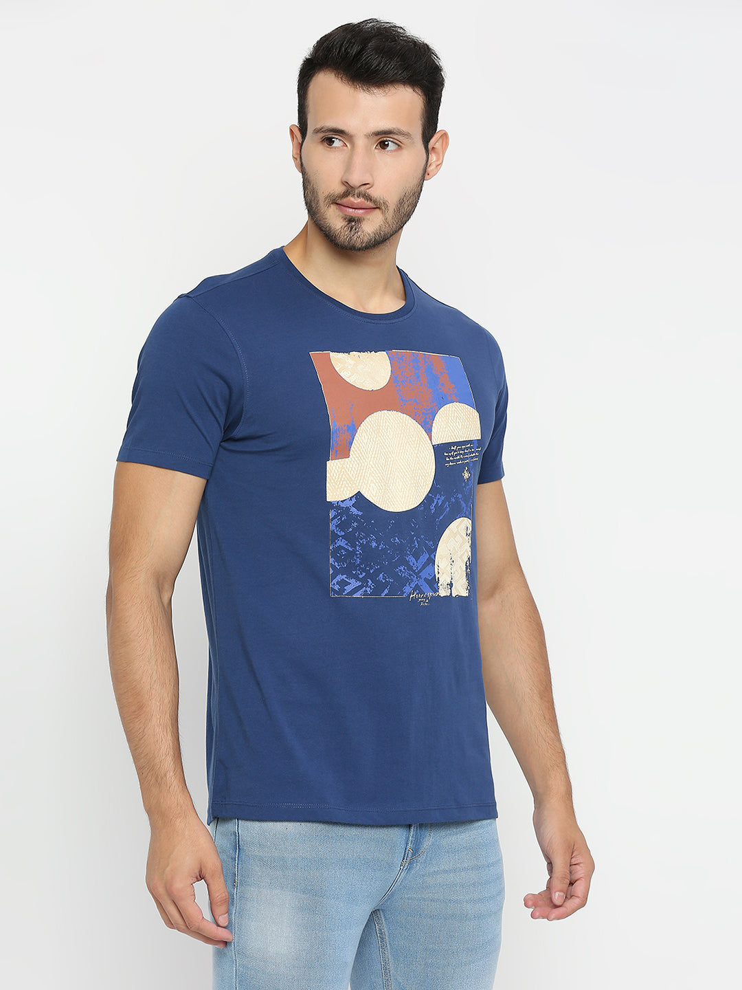 Spykar Indigo Blue Cotton Half Sleeve Printed Casual T-Shirt For Men