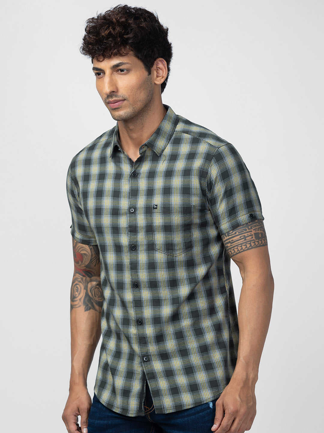 Spykar Men Bottle Green Cotton Slim Fit Checkered Shirt