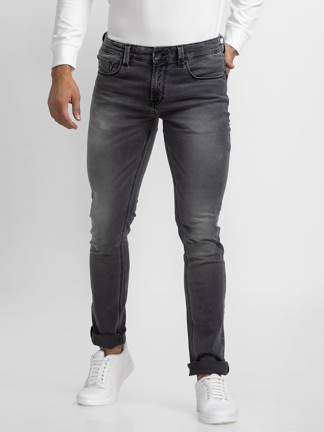 Spykar Grey Cotton Slim Fit Narrow Length Jeans For Men (Skinny)