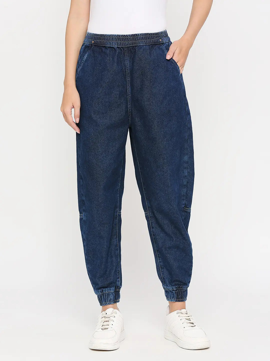 Spykar Women Dark Blue Baggy Fit Crop Length Clean Look Mid Rise Joggers Jeans (Clara)