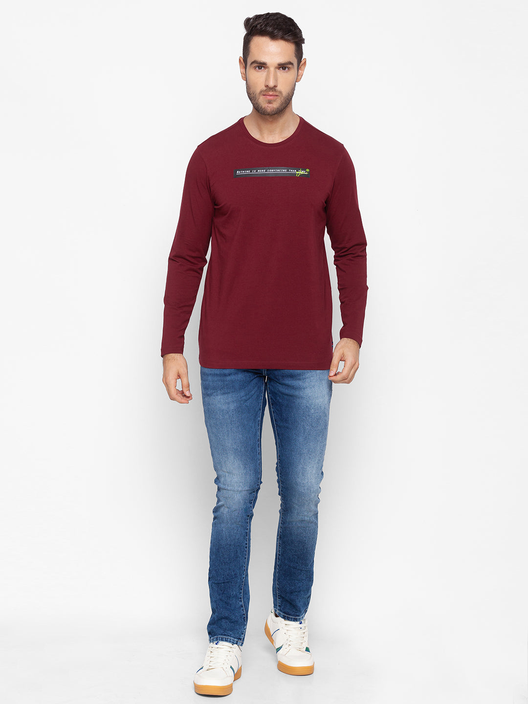 Spykar Men Red Cotton Slim Fit Round Neck T-Shirt