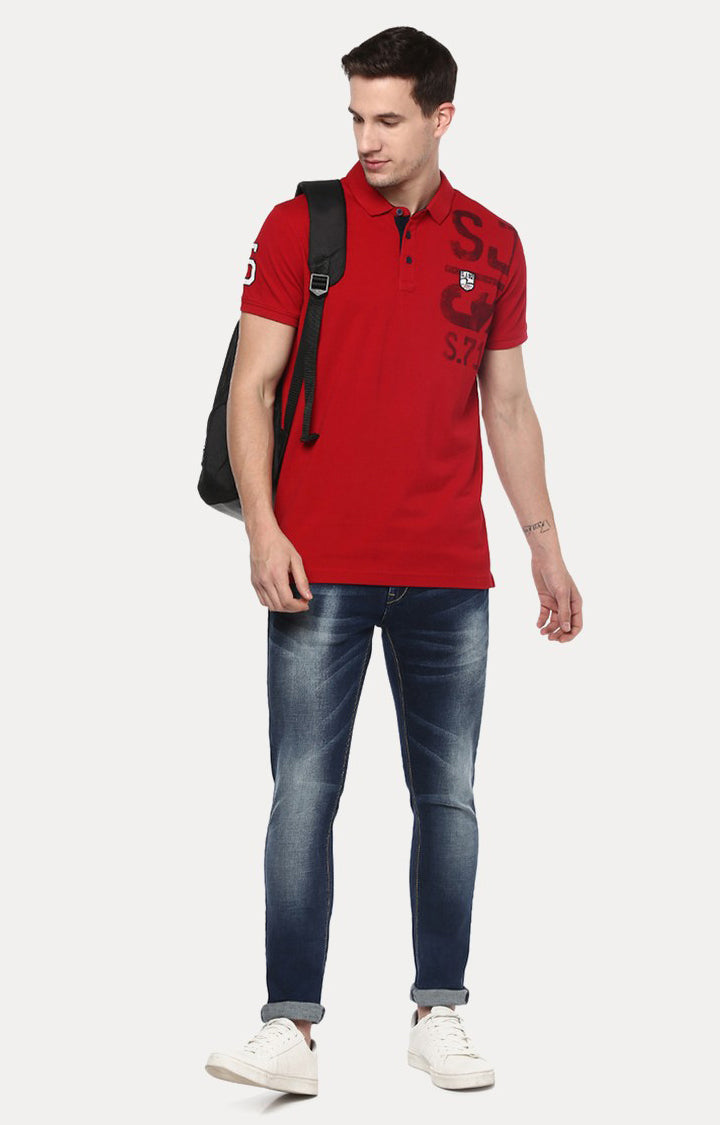 Spykar Red Solid Slim Fit Polo T-Shirt