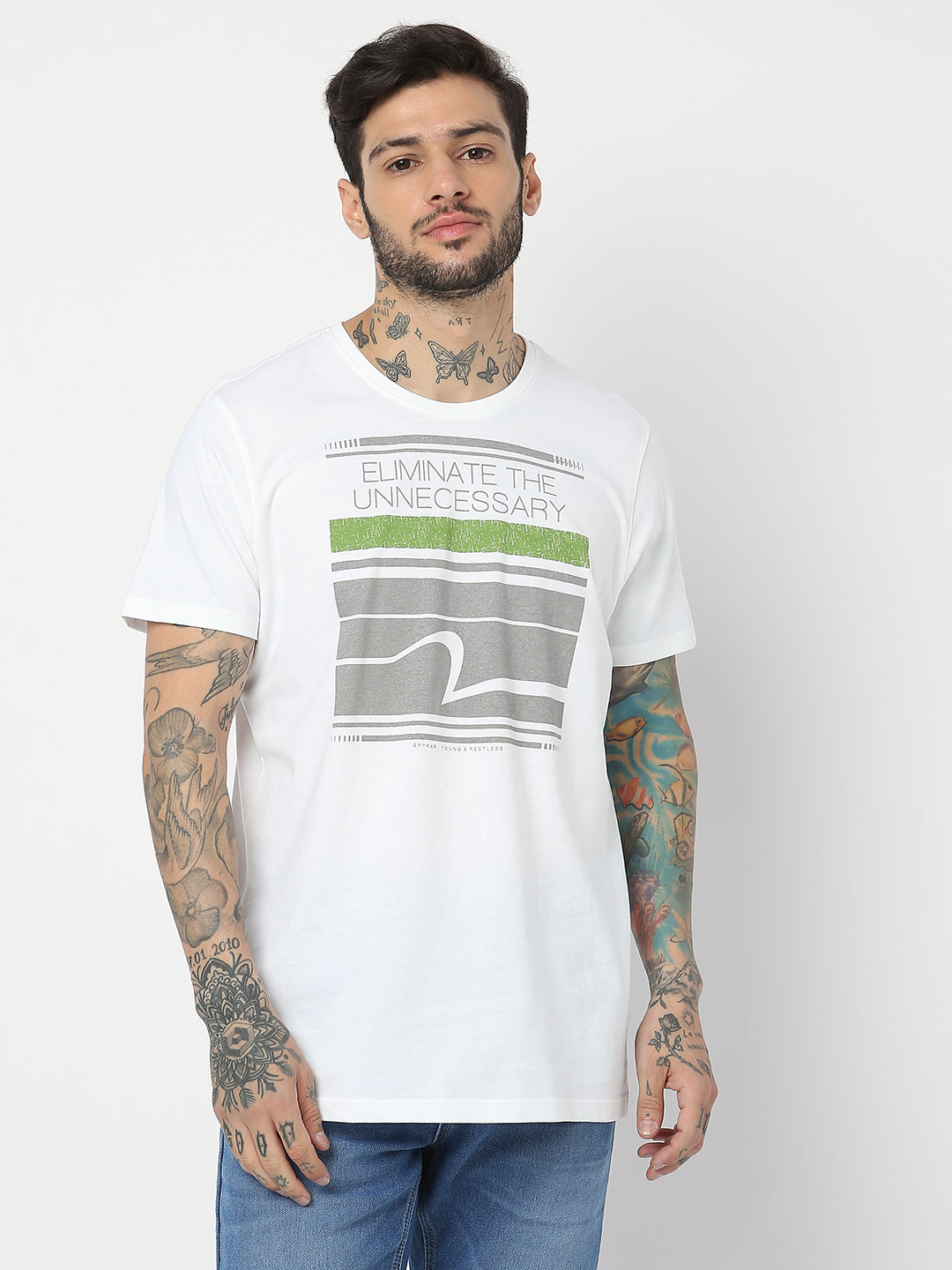 Spykar Men White Cotton Slim Fit Round Neck Printed T-Shirt