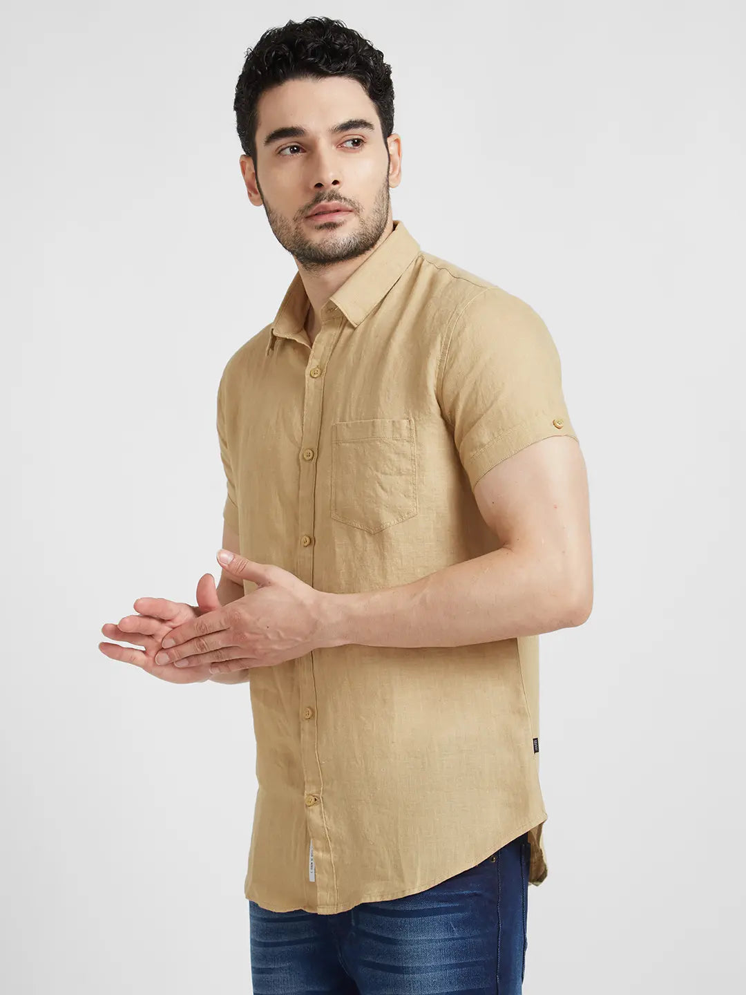 Spykar Men Camel Khaki Linen Regular Slim Fit Half Sleeve Plain Shirt