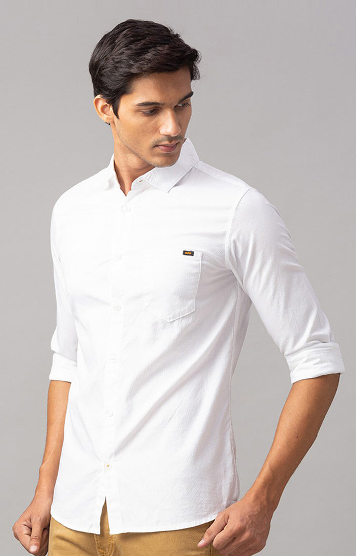 Spykar Men White Cotton Slim Fit Plain Shirt