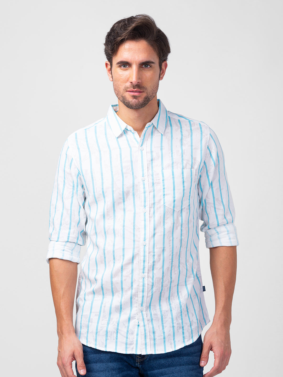 Spykar Men Cool Blue Cotton Slim Fit Striped Shirt