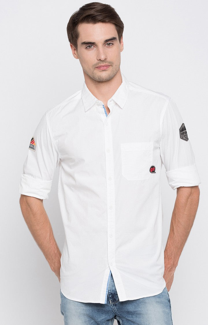 Spykar Men'S White Cotton Solid Casual Shirts