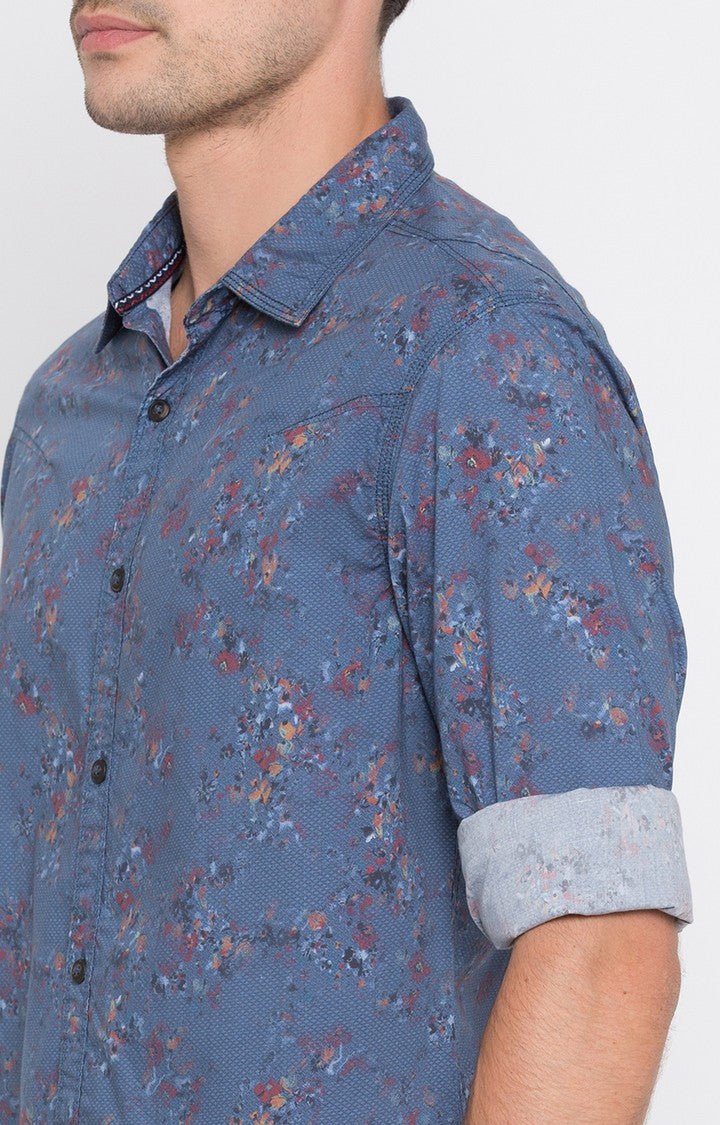 Spykar Men'S Blue Cotton Printed Casual Shirts