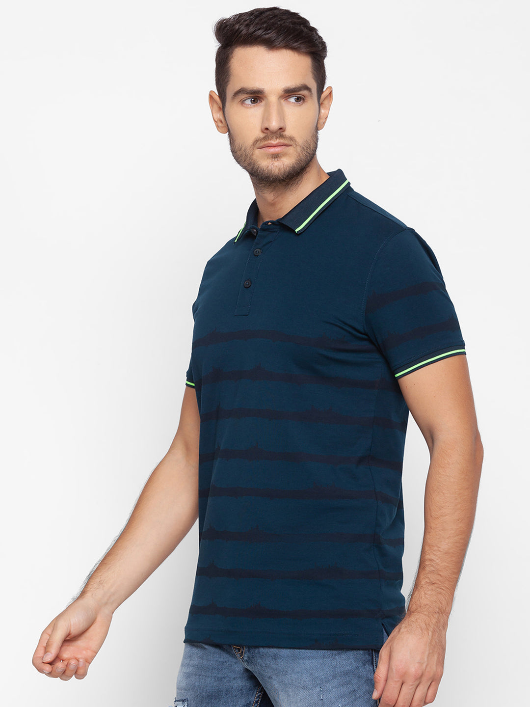 Spykar Men Blue Cotton Slim Fit Polo T-Shirt