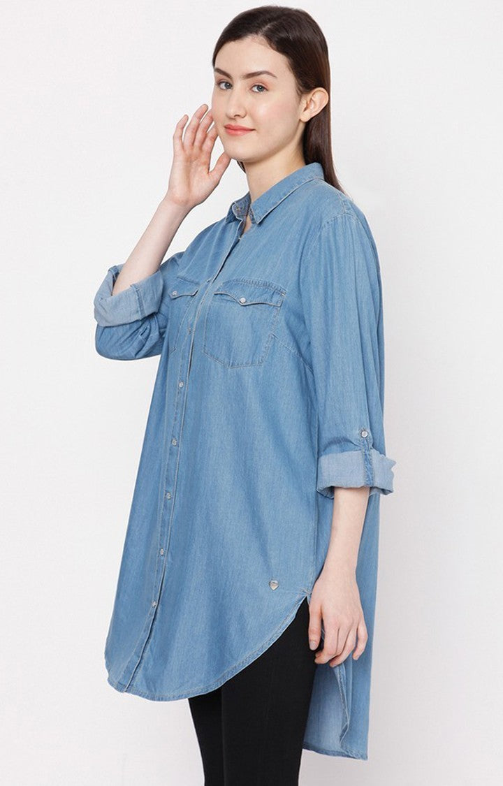 Spykar Women Mid Blue Cotton Regular Fit Denim Shirt