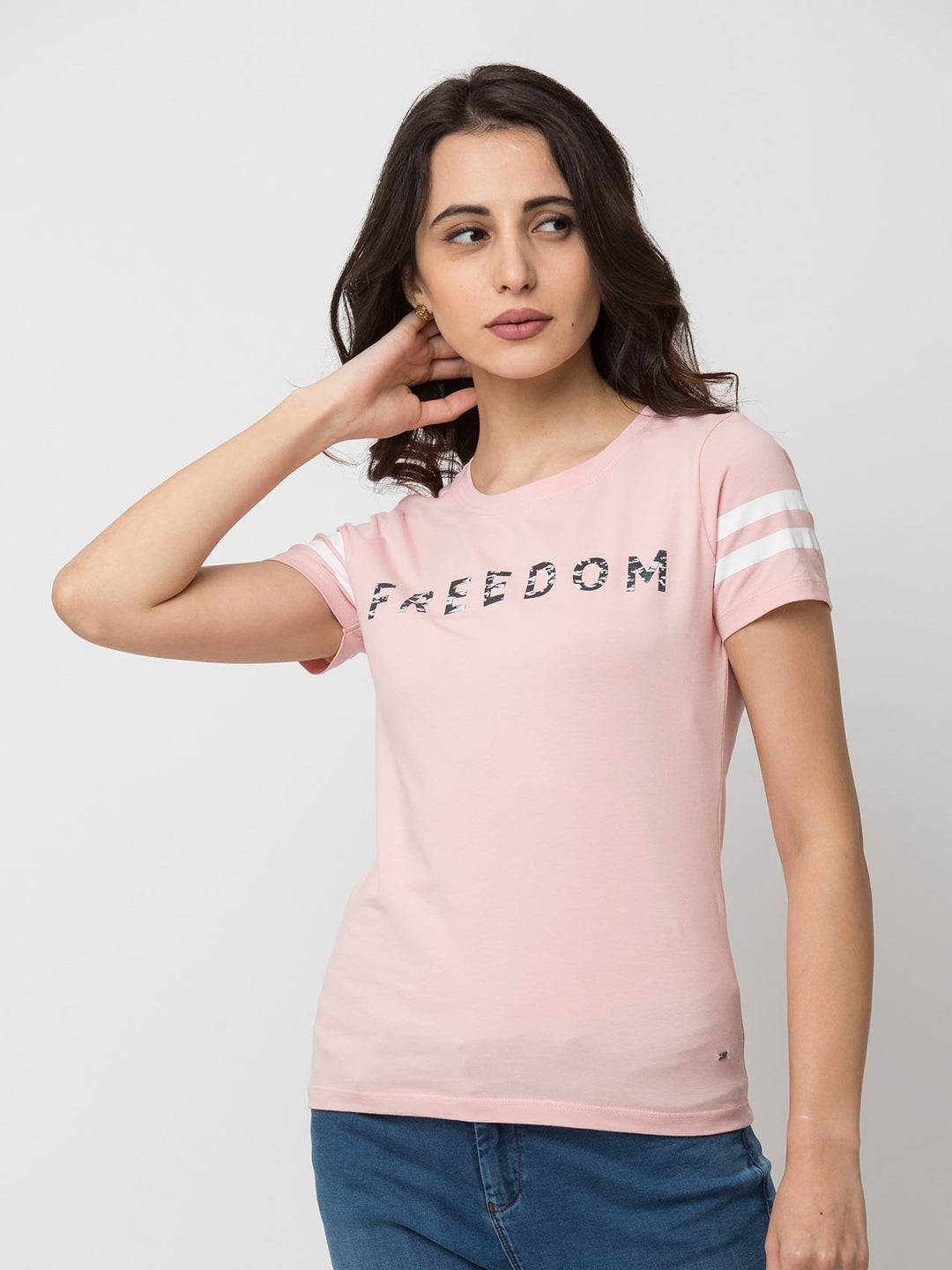 Spykar Women Pink Lycra Regular Round Neck T-Shirt