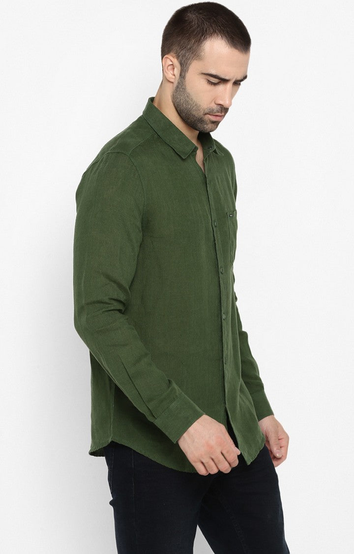 Spykar Men'S Green Linen Solid Casual Shirts