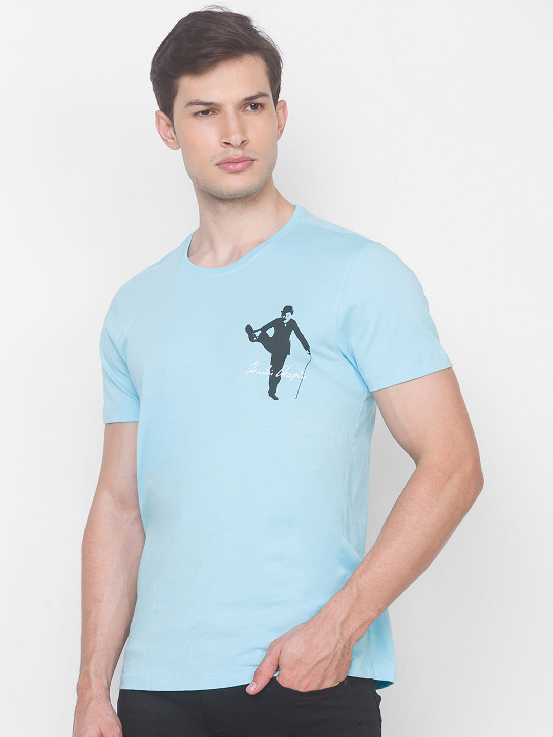 Charlie Chaplin Spykar Men Blue Cotton Slim Fit Round Neck T-Shirt