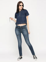Spykar Women Dark Blue Lycra Regular Fit Denim Tshirt