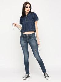 Spykar Women Dark Blue Lycra Regular Fit Denim Tshirt