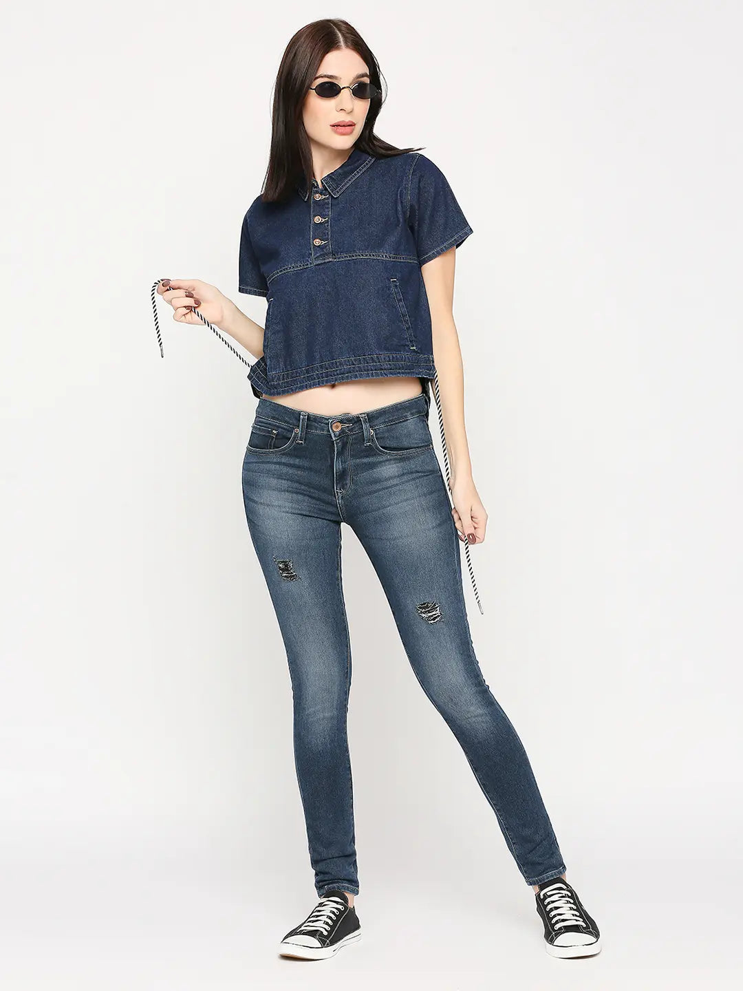 Spykar Women Dark Blue Lycra Regular Fit Denim Tshirt