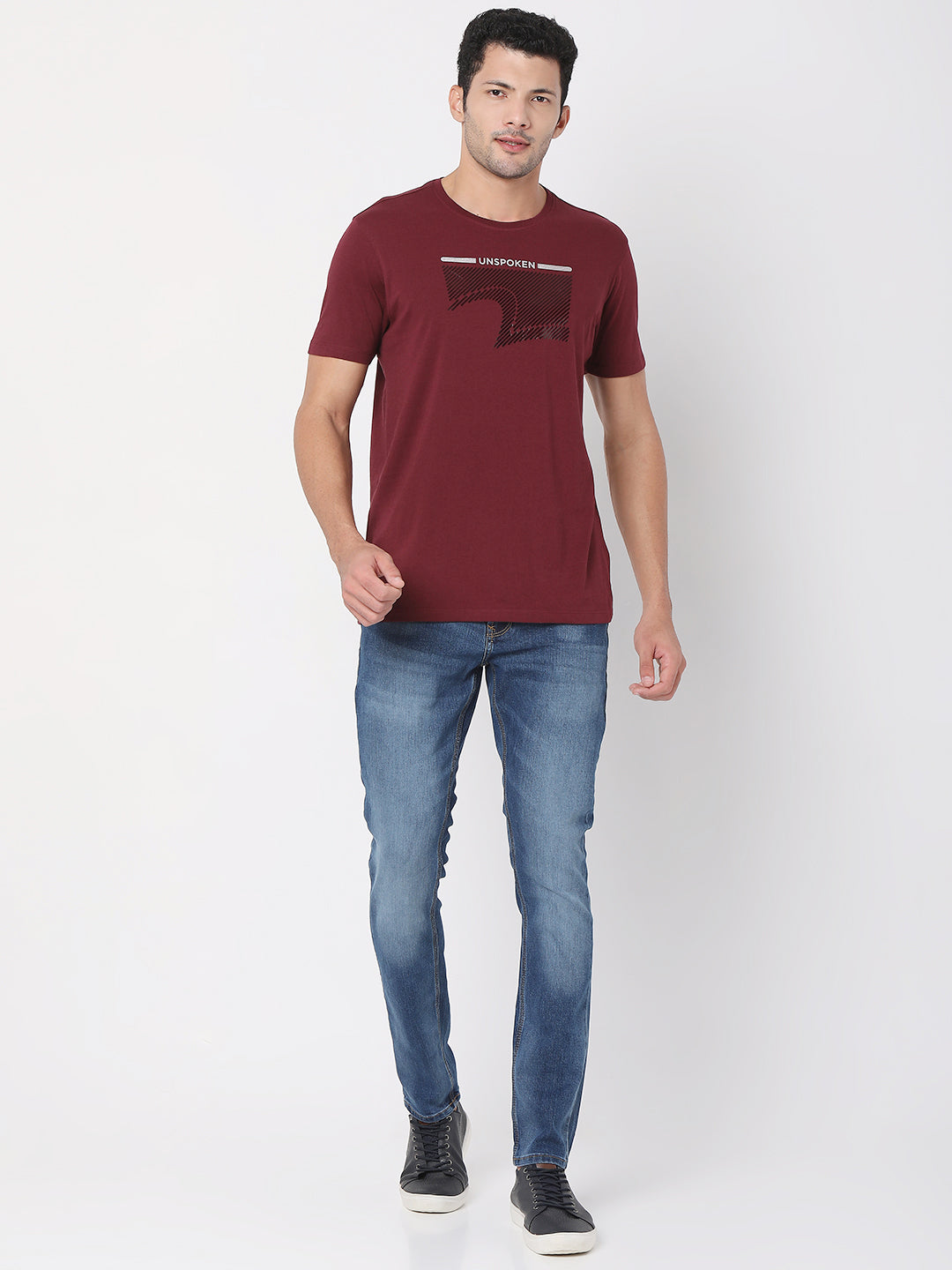 Spykar Wine Cotton Half Sleeve Printed Casual T-Shirt For Men