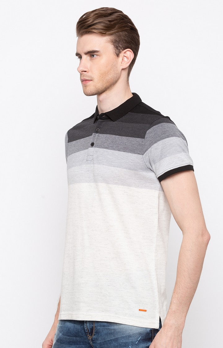 Spykar Black & White Striped Slim Fit Polo T-Shirt