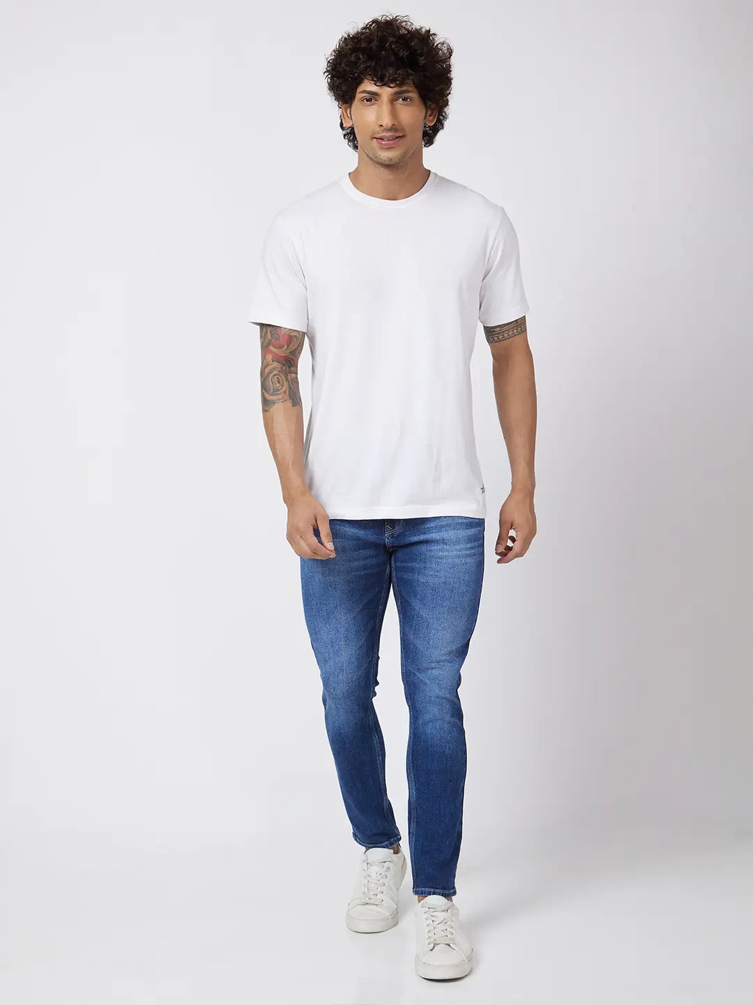 Spykar Men Mid Blue Cotton Stretch Slim Fit Tapered Length Clean Look Mid Rise Jeans (Kano)