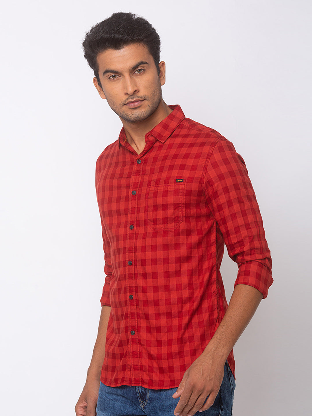 Spykar Men Red Cotton Slim Fit Shirt