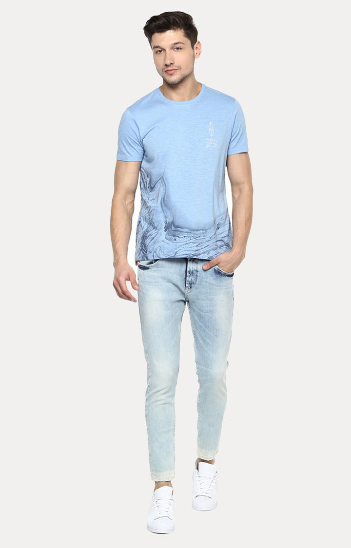 Spykar Blue Printed Slim Fit Men T-Shirts