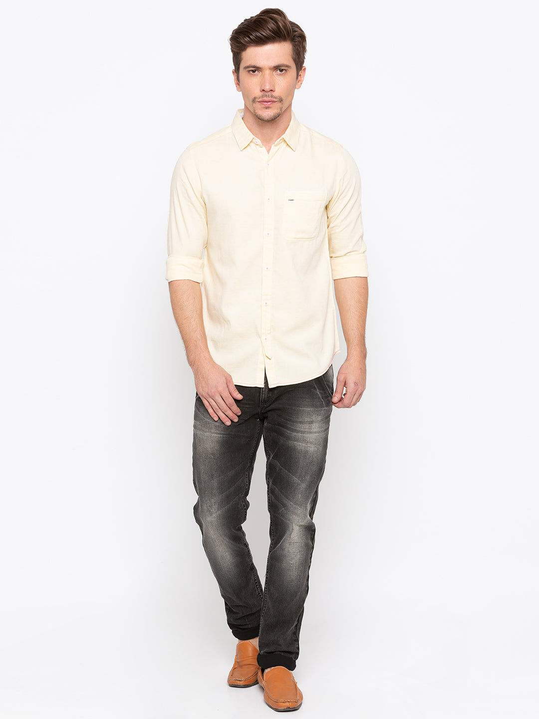 Spykar Men Yellow Cotton Slim Fit Casual Shirts