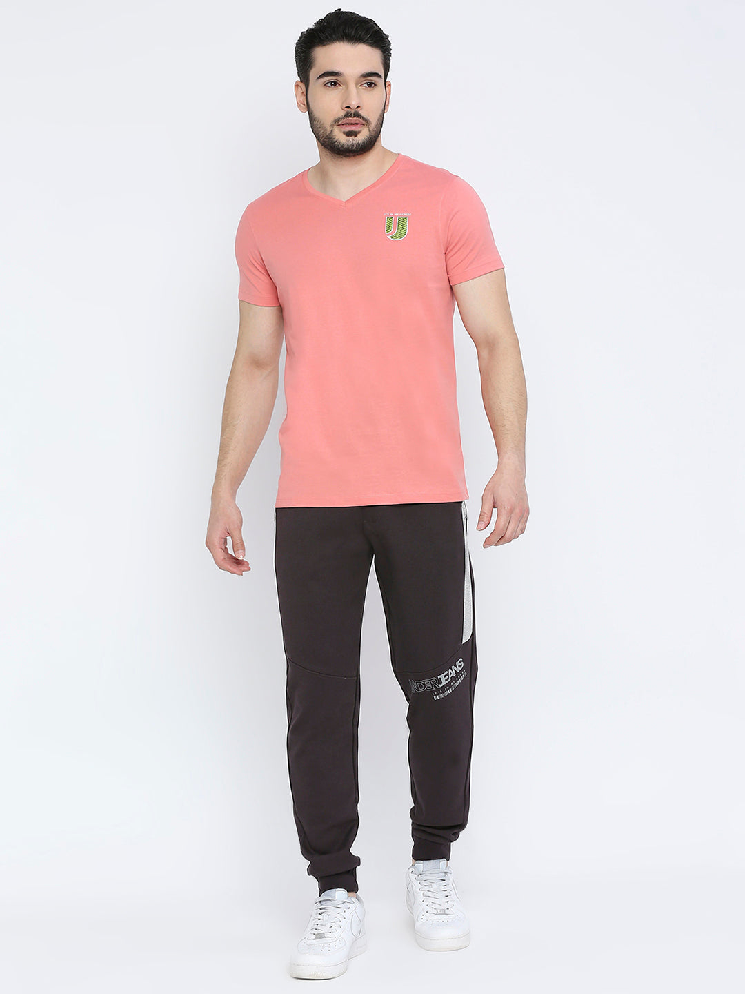Men Premium Dusty Coral Cotton V-Neck T-shirt - UnderJeans by Spykar