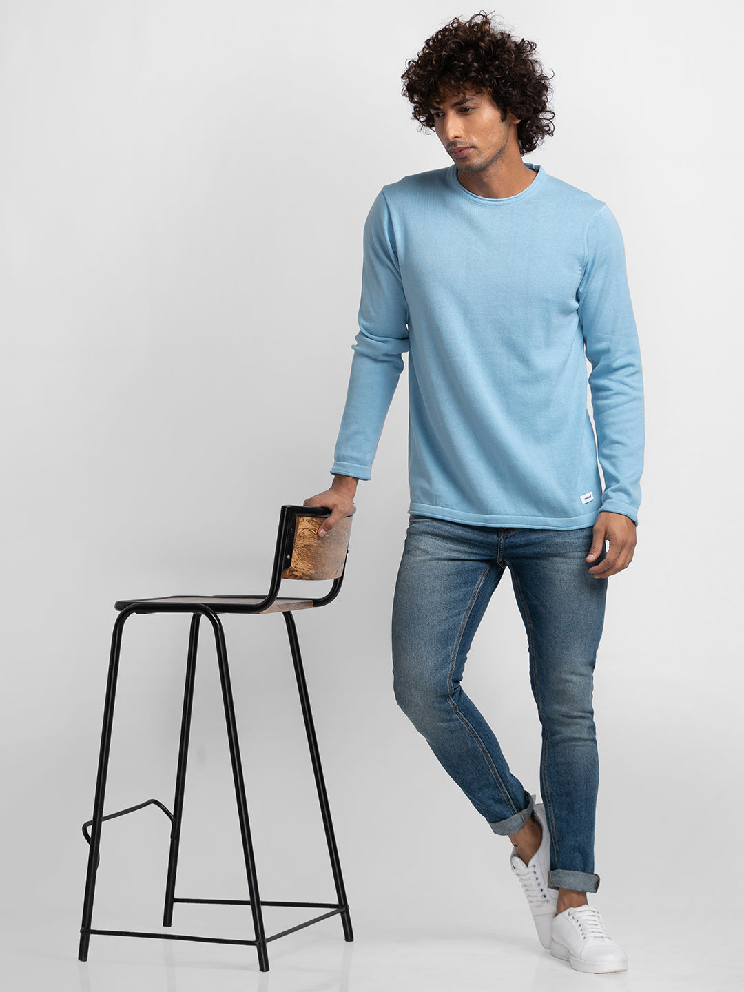 Spykar Sky Blue Cotton Full Sleeve Casual Sweater For Men