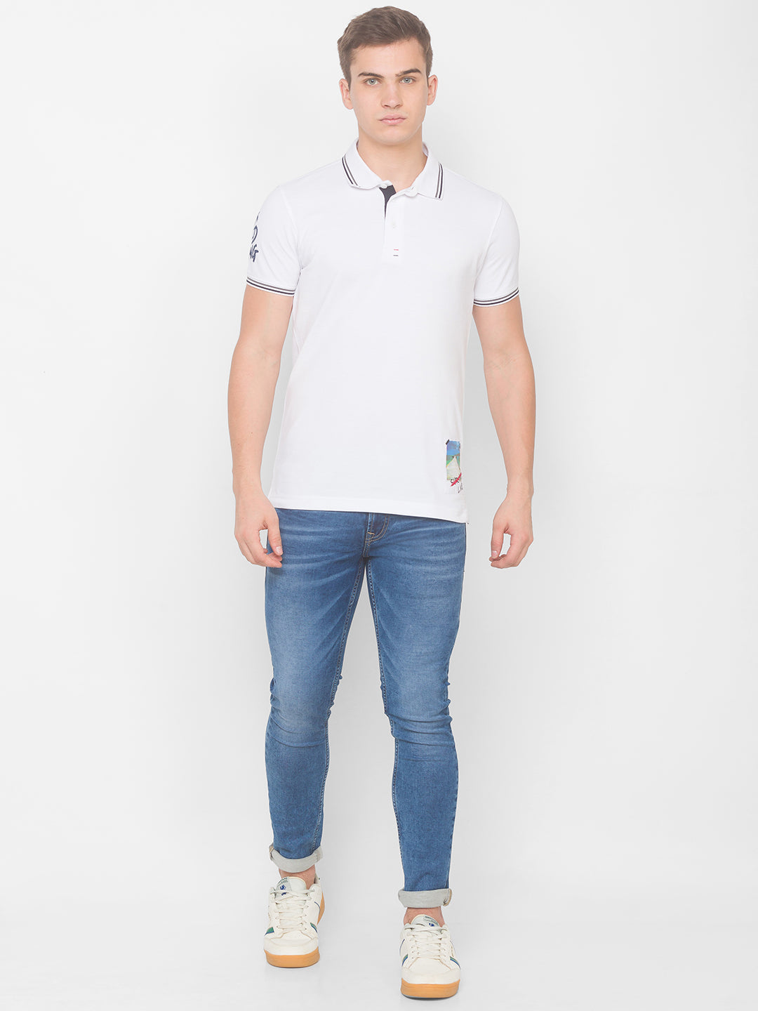 Spykar Men White Cotton Slim Fit Polo T-Shirt