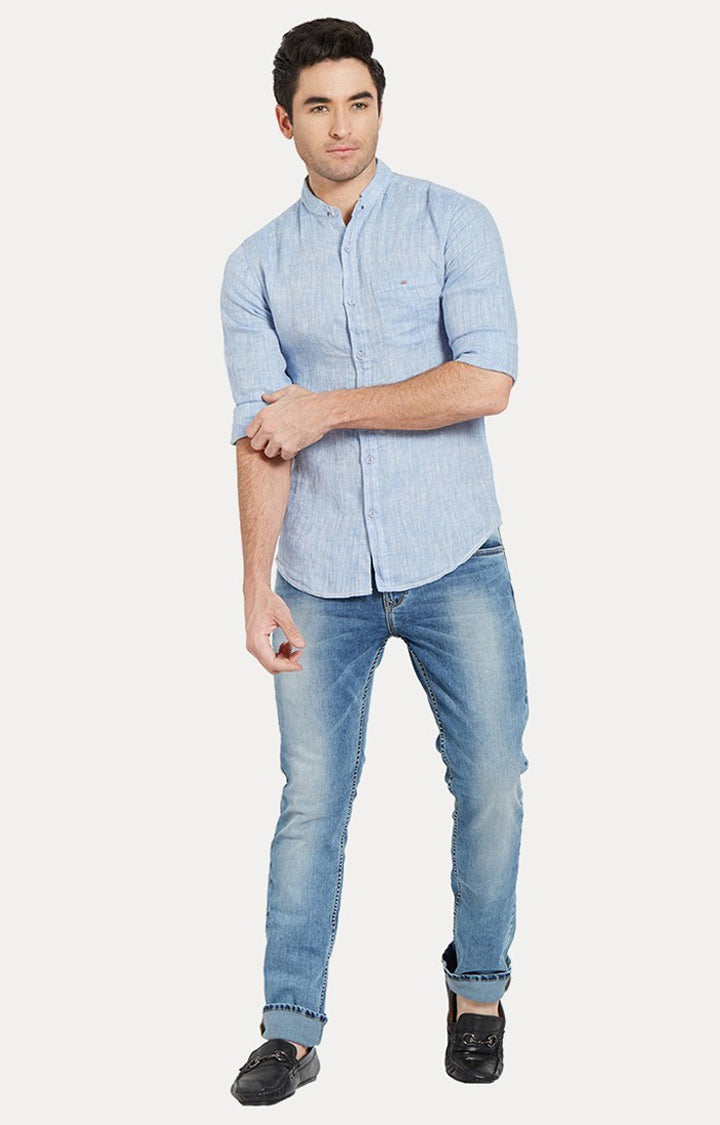 Spykar Men'S Blue Linen Melange Casual Shirts