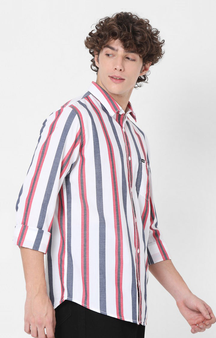 Spykar Slim Fit White Striped Full Sleeve Shirts For Men