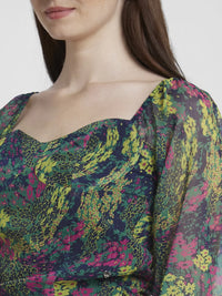 Spykar Women Green Chiffon Slim Fit Full Sleeve V-Neck Printed Crop Top
