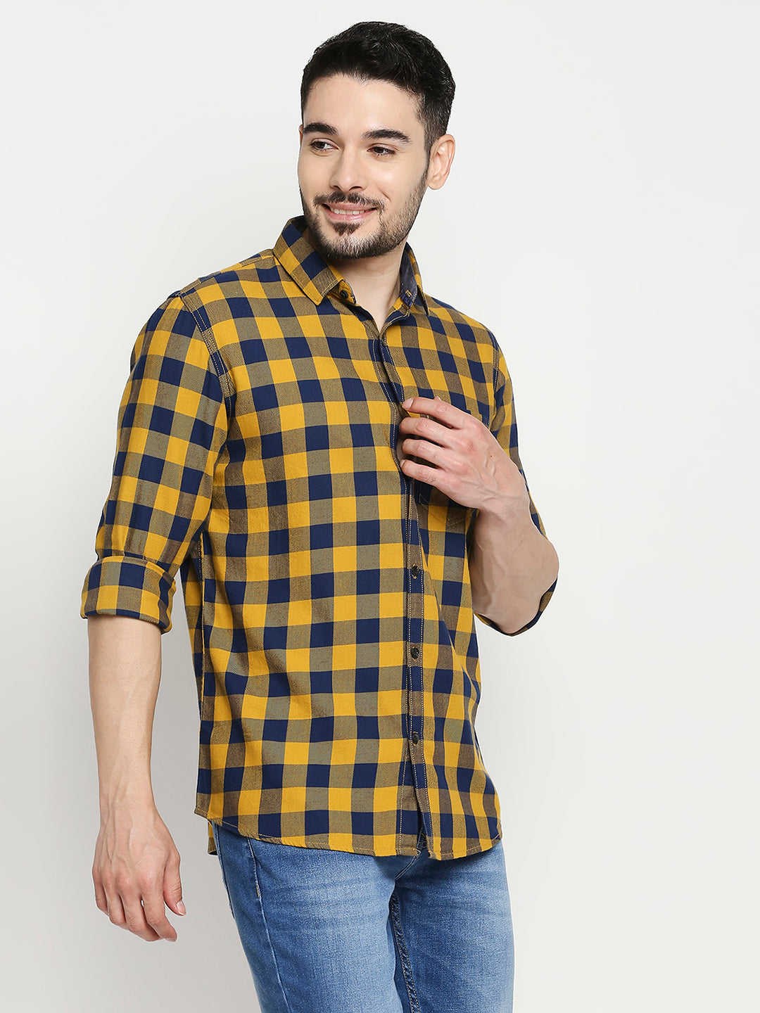 Spykar Camel Khaki Cotton Full Sleeve Checkered Shirt For Men