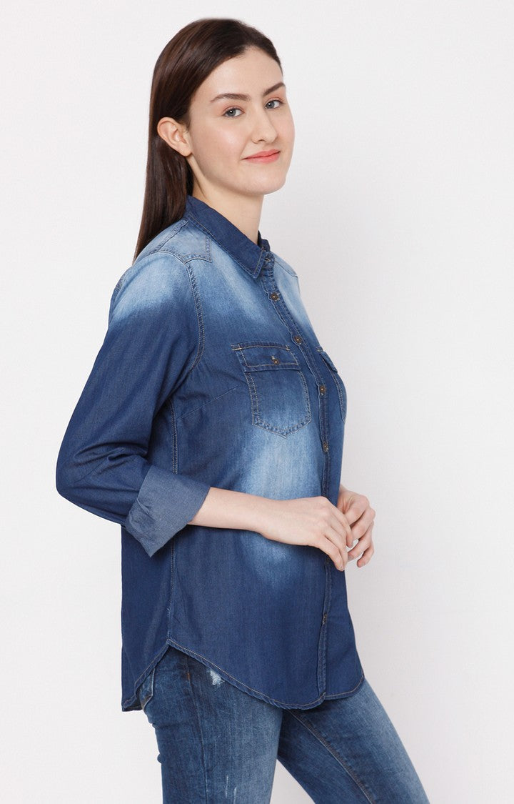 Spykar Women Dark Blue Cotton Regular Fit Denim Shirt