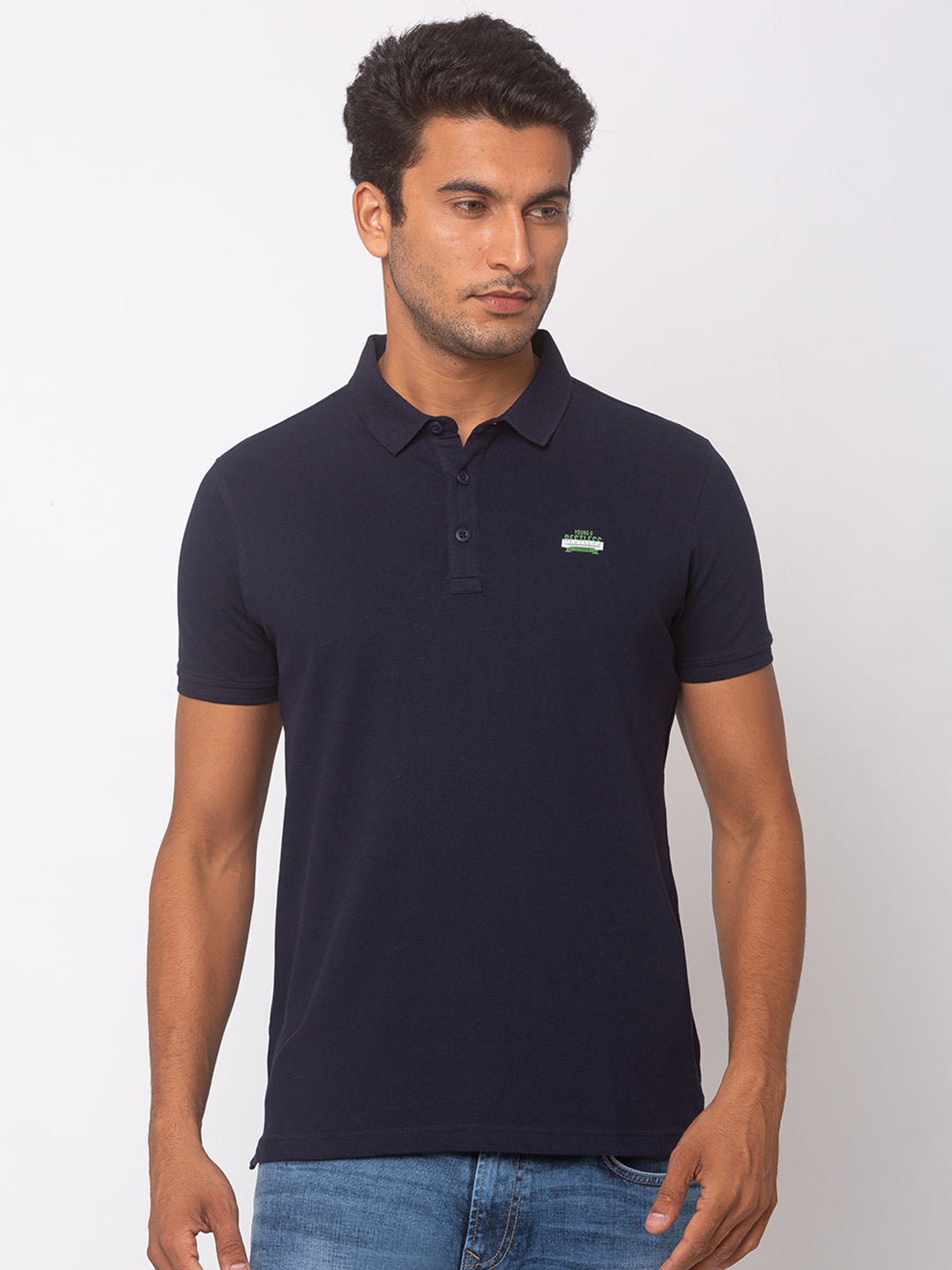 Spykar Men Blue Cotton Slim Fit Polo T-Shirt