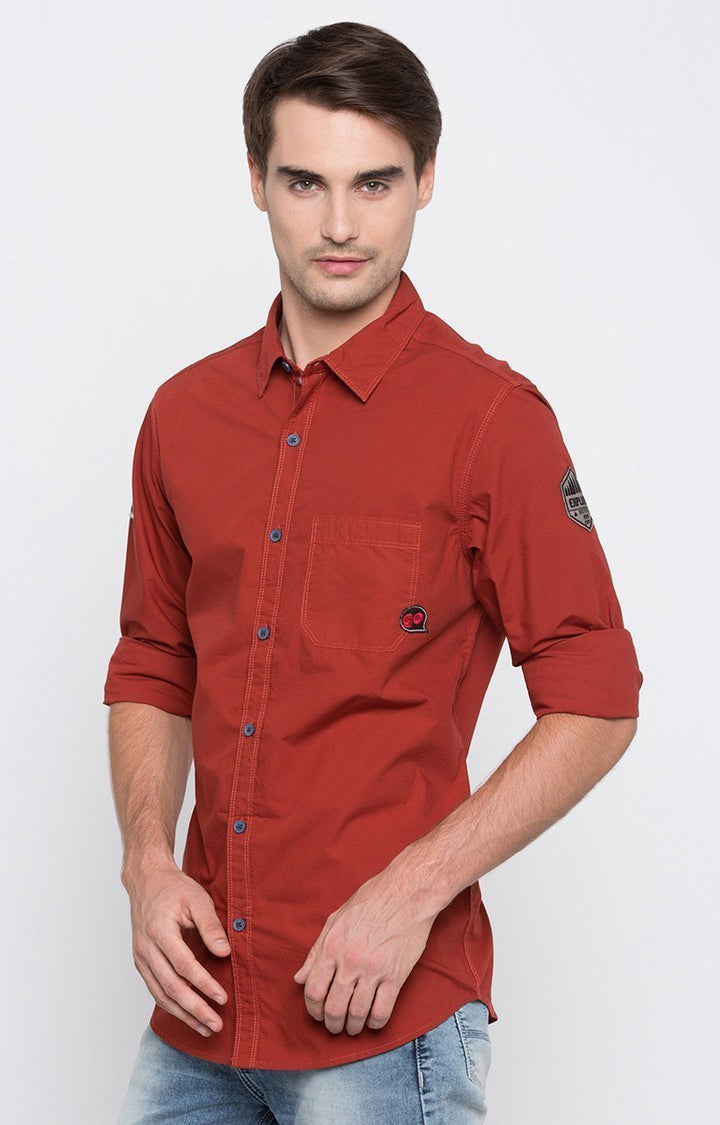 Spykar Men'S Red Cotton Solid Casual Shirts