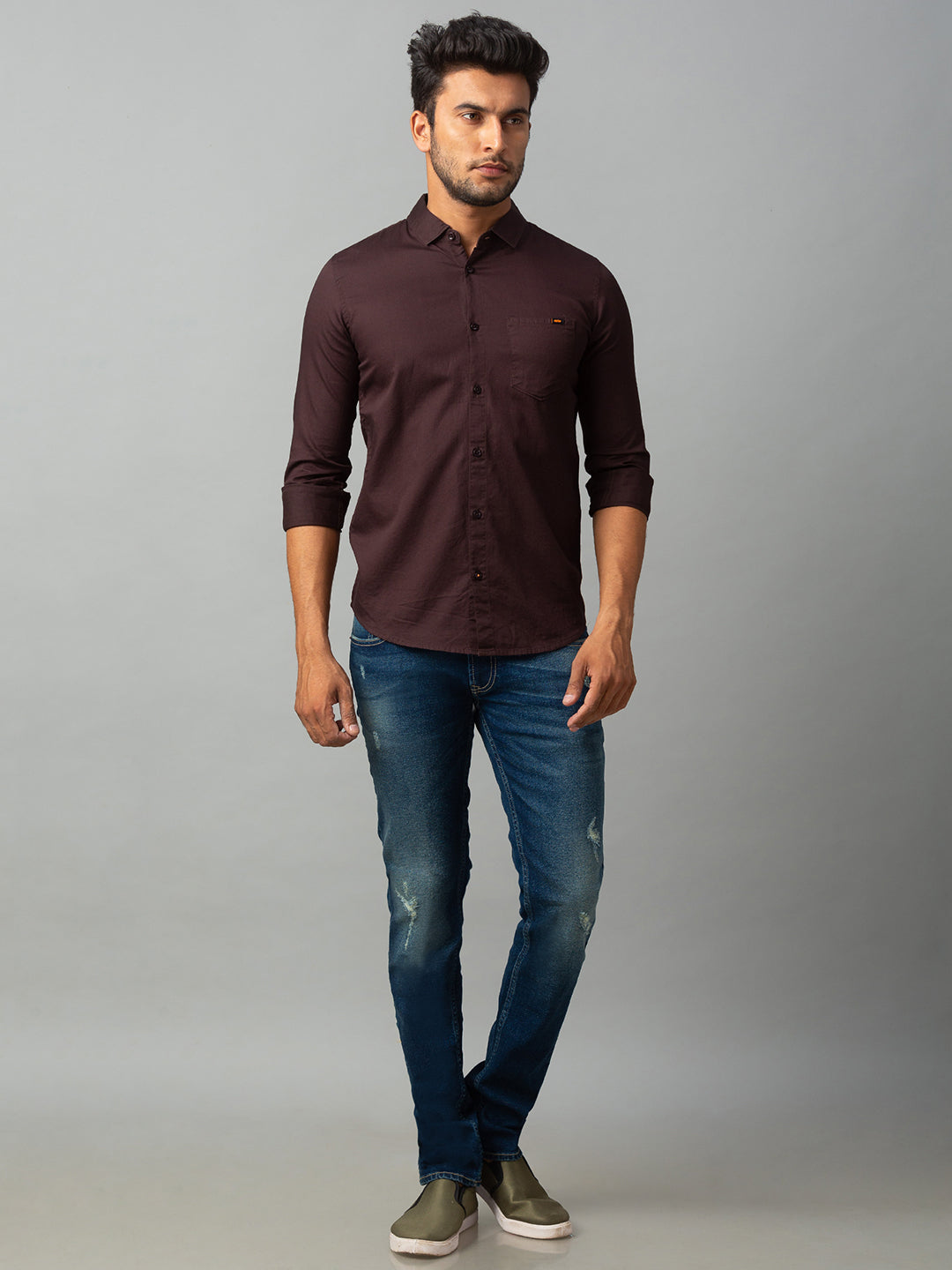 Spykar Men Brown Cotton Slim Fit Shirt