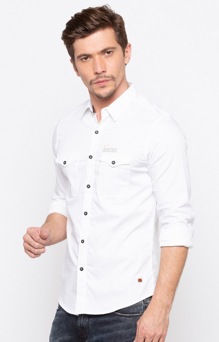 Spykar Men'S White Cotton Solid Casual Shirts