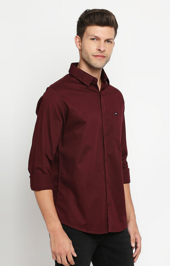 Spykar Wine Red Cotton Full Sleeve Plain Shirt For Men