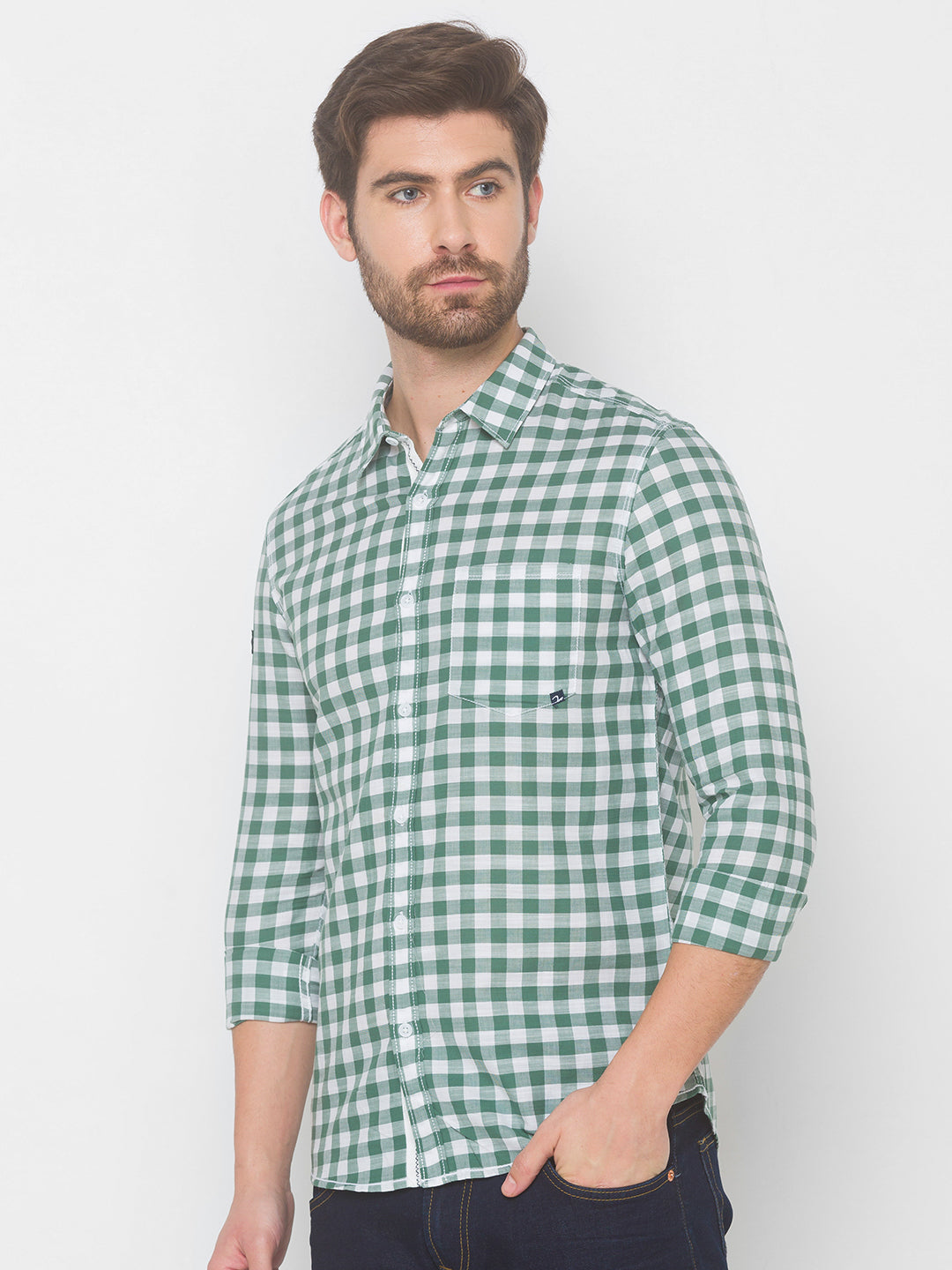 Spykar Men Sage Green Cotton Slim Fit Shirt