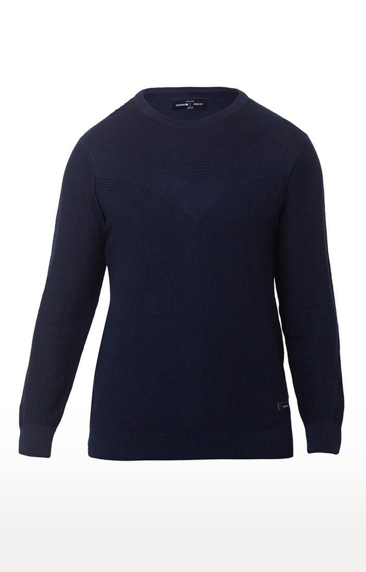 Spykar Navy Blue Cotton Regular Fit Sweater For Men