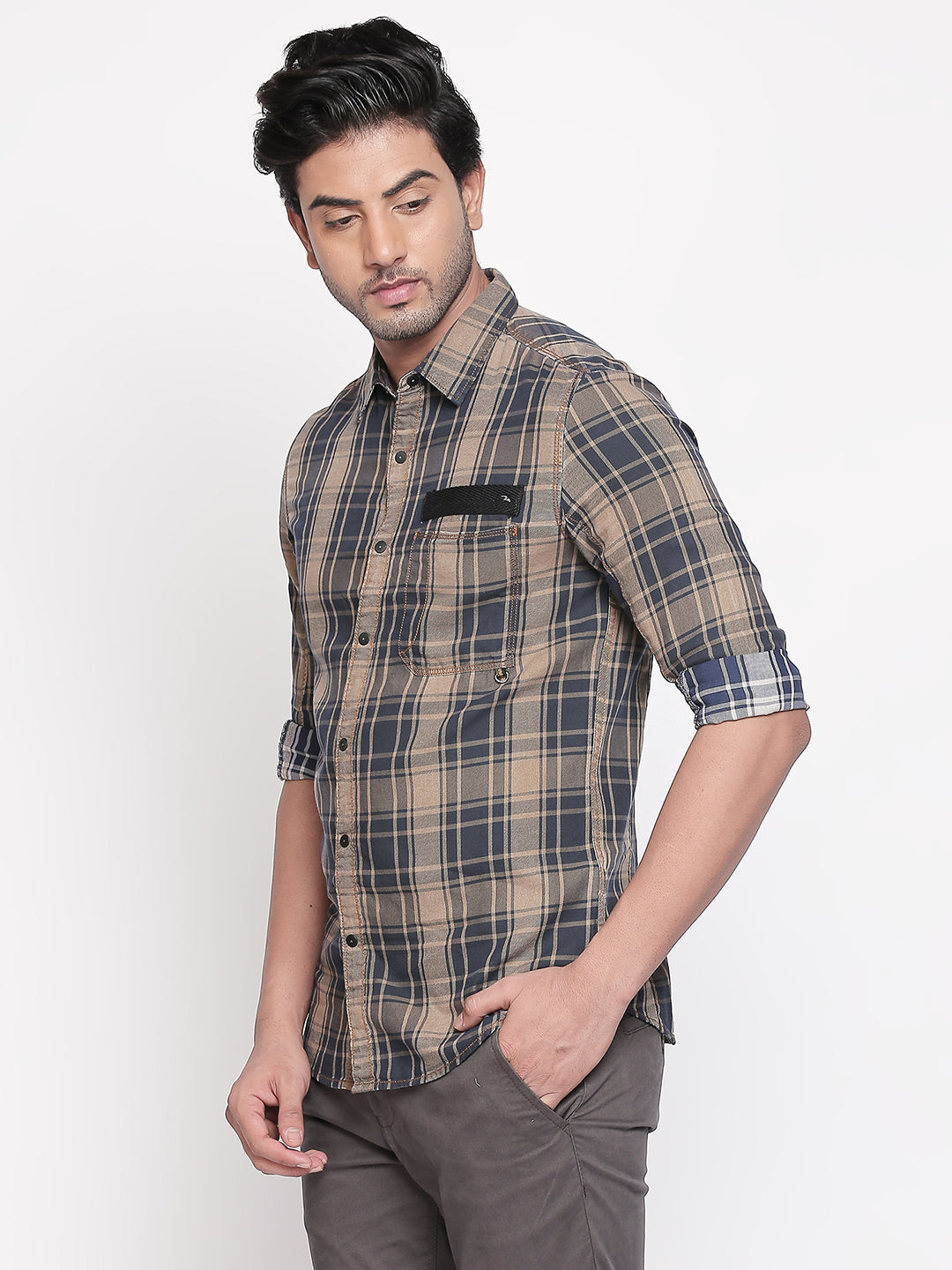 Spykar Men Khaki Checked Slim Fit Casual Shirt