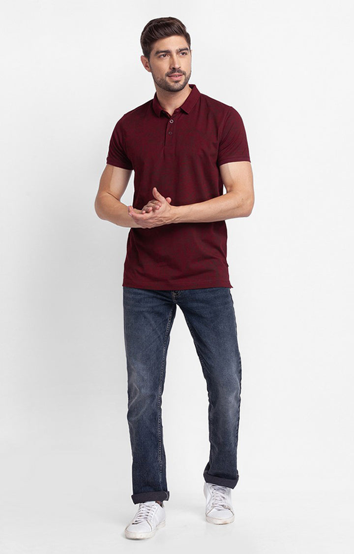 Spykar Wine Cotton Half Sleeve Printed Casual Polo T-Shirt For Men