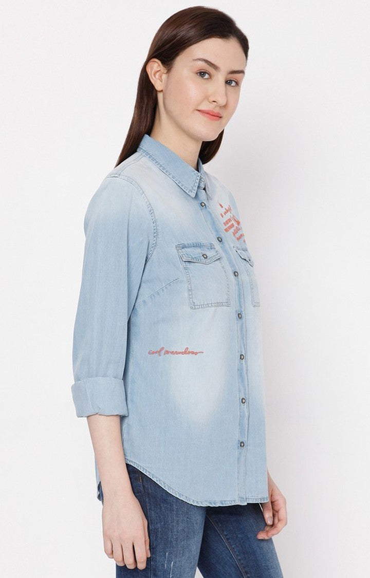 Spykar Women Light Blue Cotton Regular Fit Denim Shirt